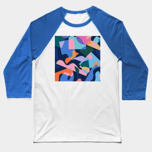 80's Summer Holiday Abstraction / Cut-Out Shapes on Navy Blue Baseball T-Shirt